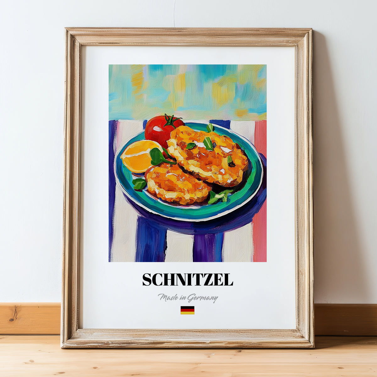 Schnitzel – Oil Painting, German Food Print, in wooden frame leaning on the floor