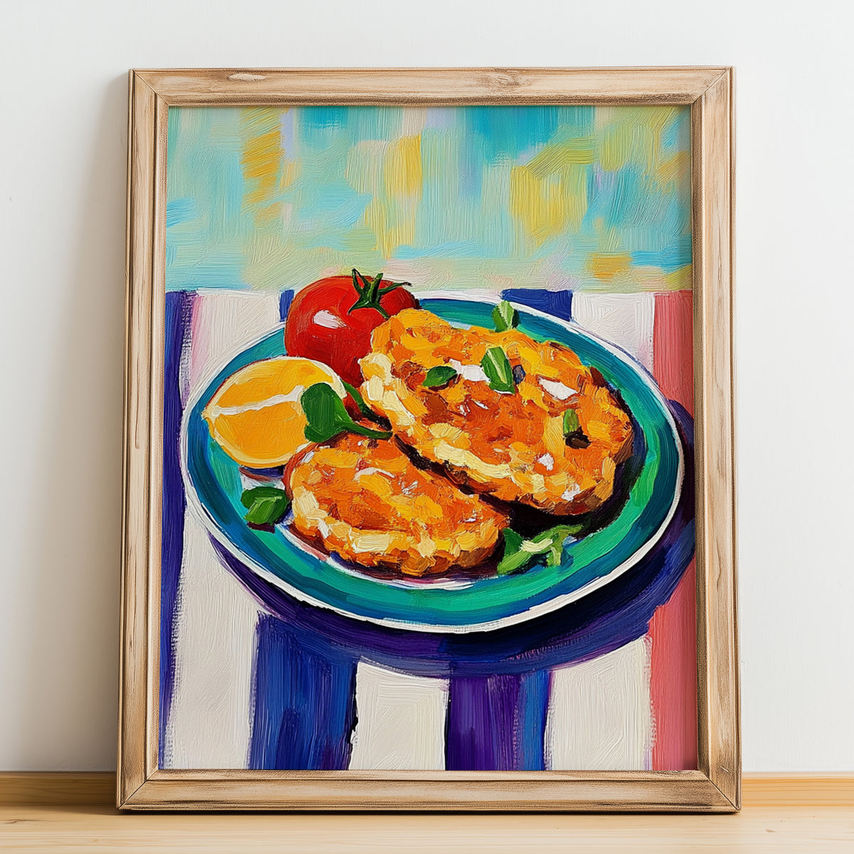 Schnitzel – Oil Painting, German Food Print, no-text version framed in wood