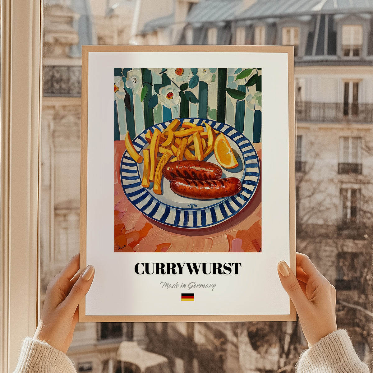 Currywurst – Art, German Food Still Life, styled in a charming Paris street view