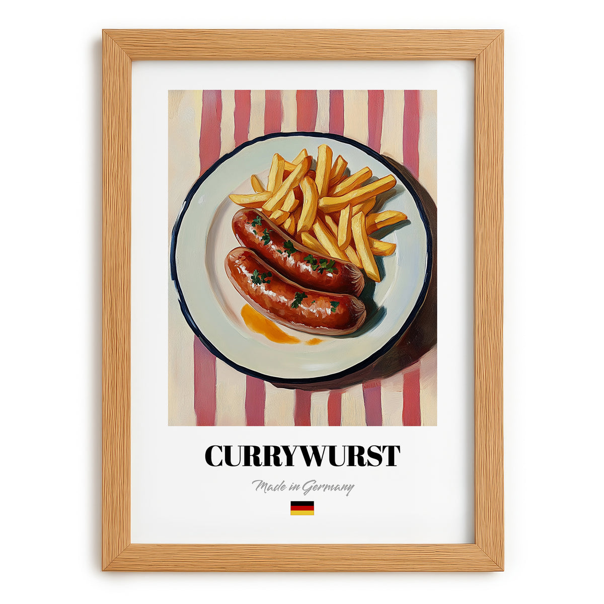 Currywurst – on Striped Tablecloth, German Food Print, set in oak frame