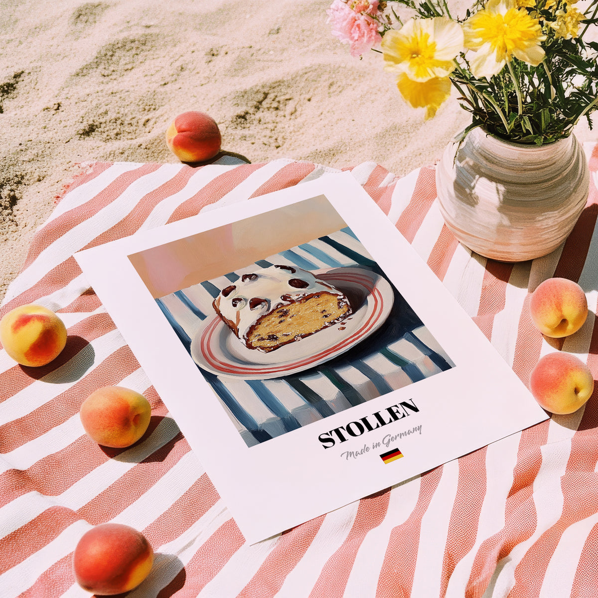 Stollen – on Striped Tablecloth, German Dessert Poster, unframed on coastal sand