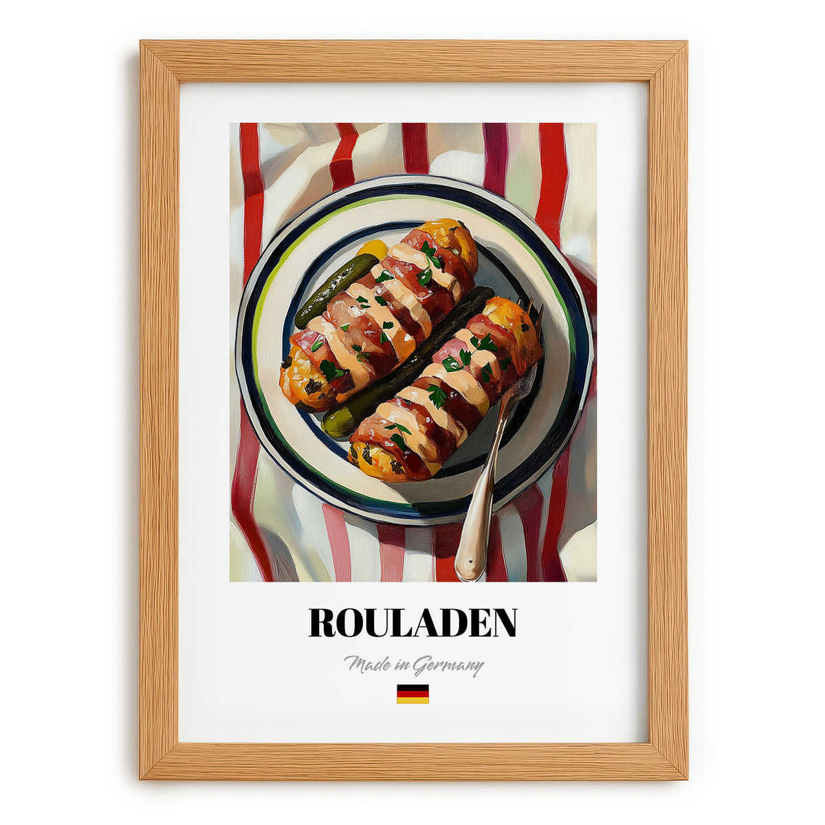 Rouladen – on Striped Tablecloth, German Food Print, set in oak frame