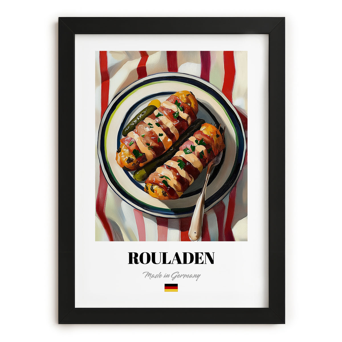 Rouladen – on Striped Tablecloth, German Food Print, in sleek black frame