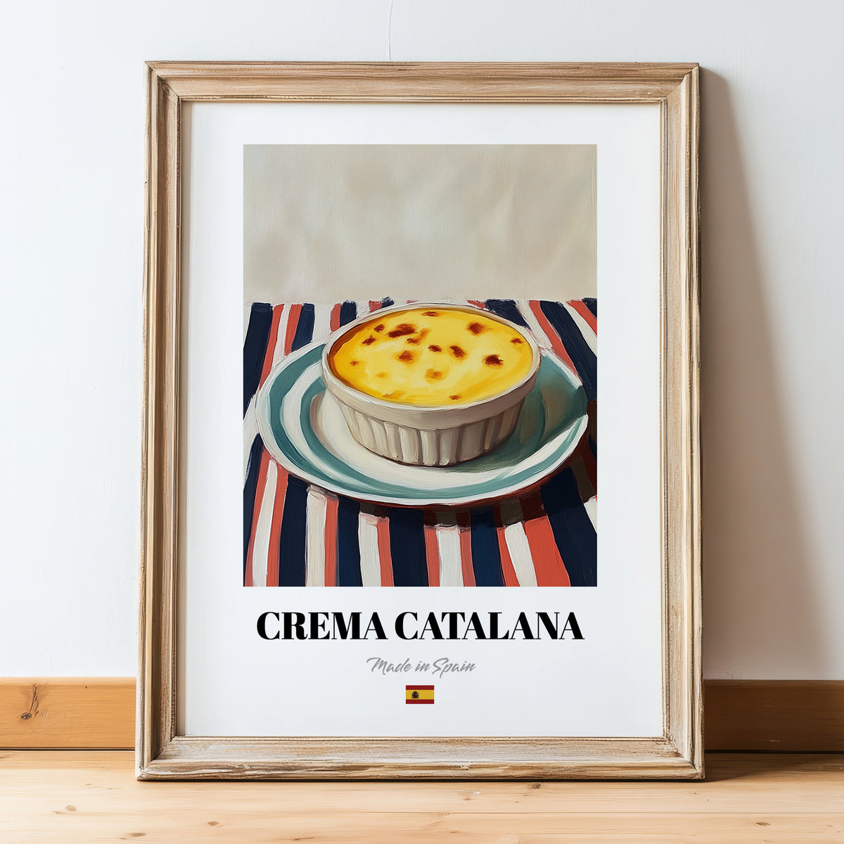 Crema Catalana – on Striped Tablecloth, Spanish Dessert Wall Art, in wooden frame leaning on the floor