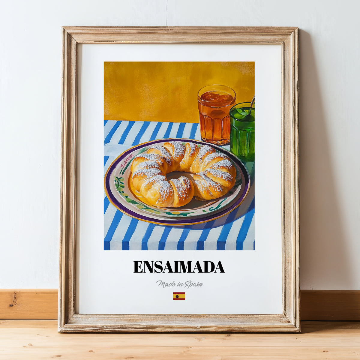 Ensaimada – Colorful Oil Painting, Spanish Pastry Wall Decor, in wooden frame leaning on the floor