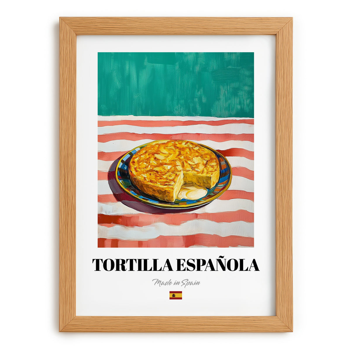 Tortilla Española – on Striped Tablecloth, Spanish Food Wall Decor, set in oak frame
