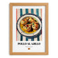 Pollo al Ajillo – on Striped Tablecloth, Spanish Food Wall Art, set in oak frame