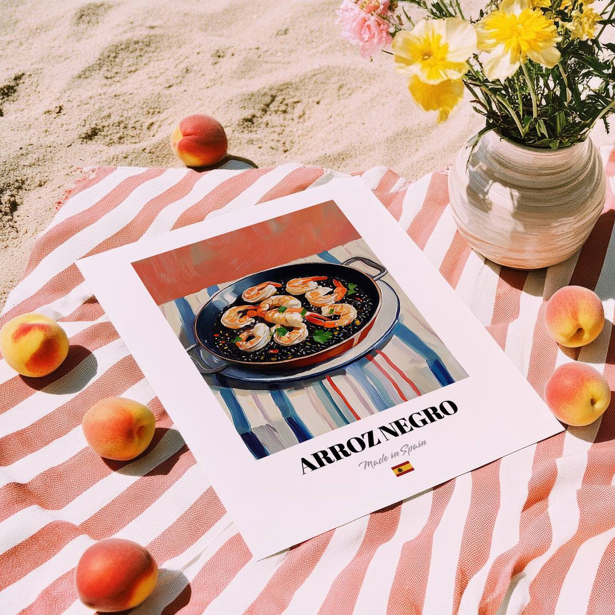 Arroz Negro – Oil Painting, Spanish Food Still Life, unframed on coastal sand