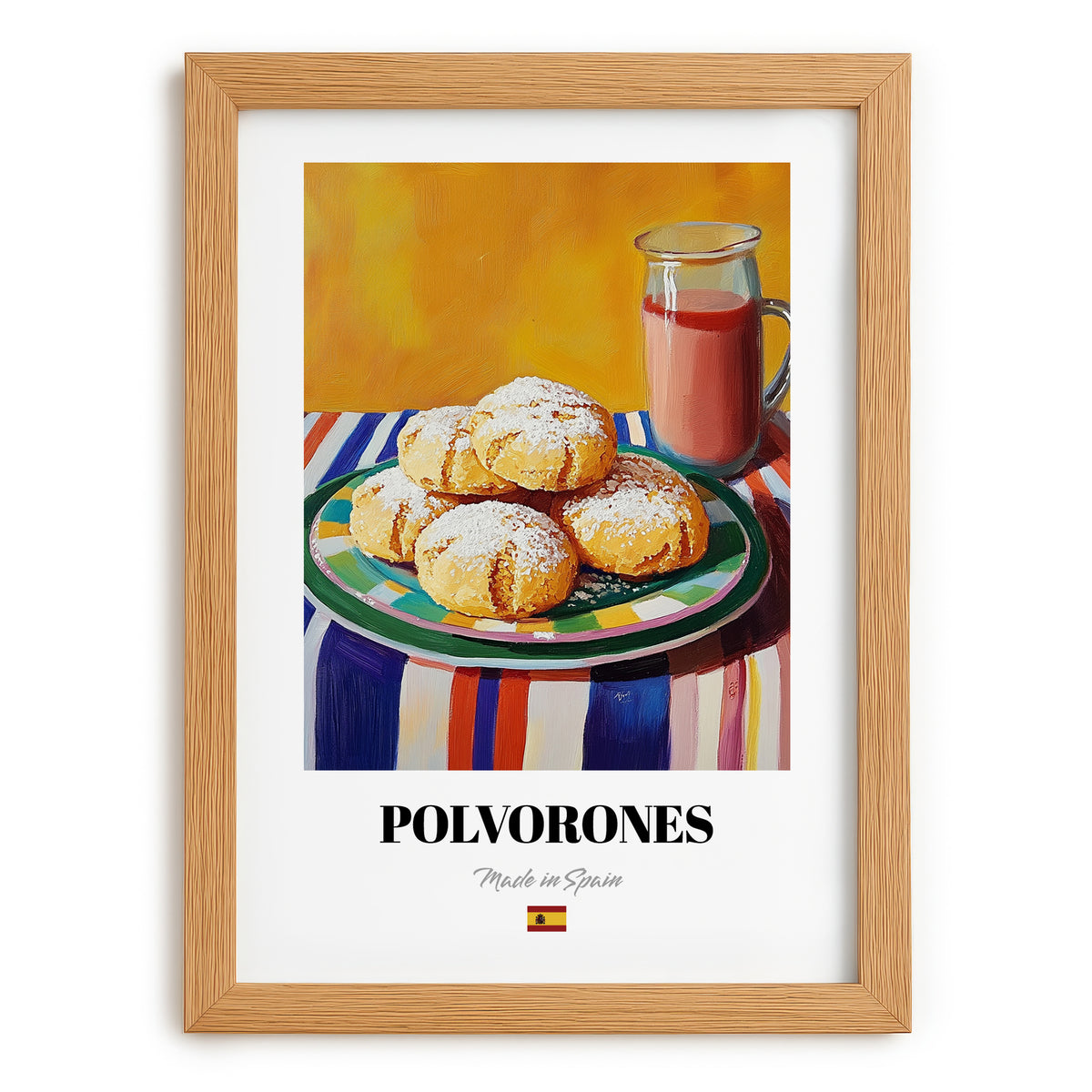 Polvorones – Colorful Oil Painting, Spanish Dessert Wall Illustration, set in oak frame