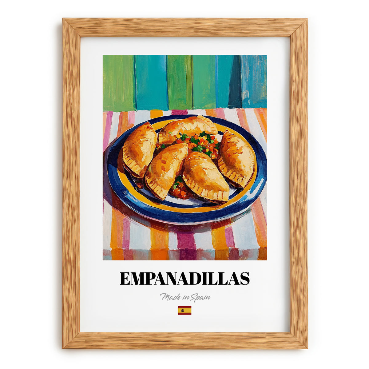Empanadillas – Colorful Oil Painting, Spanish Pastry Illustration, set in oak frame