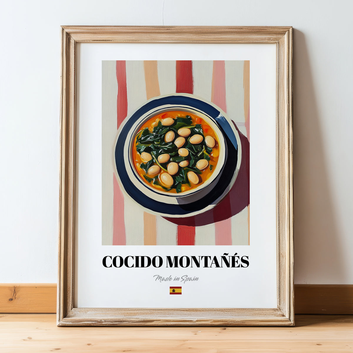 Cocido Montañés – on Striped Tablecloth, Spanish Food Painting, in wooden frame leaning on the floor