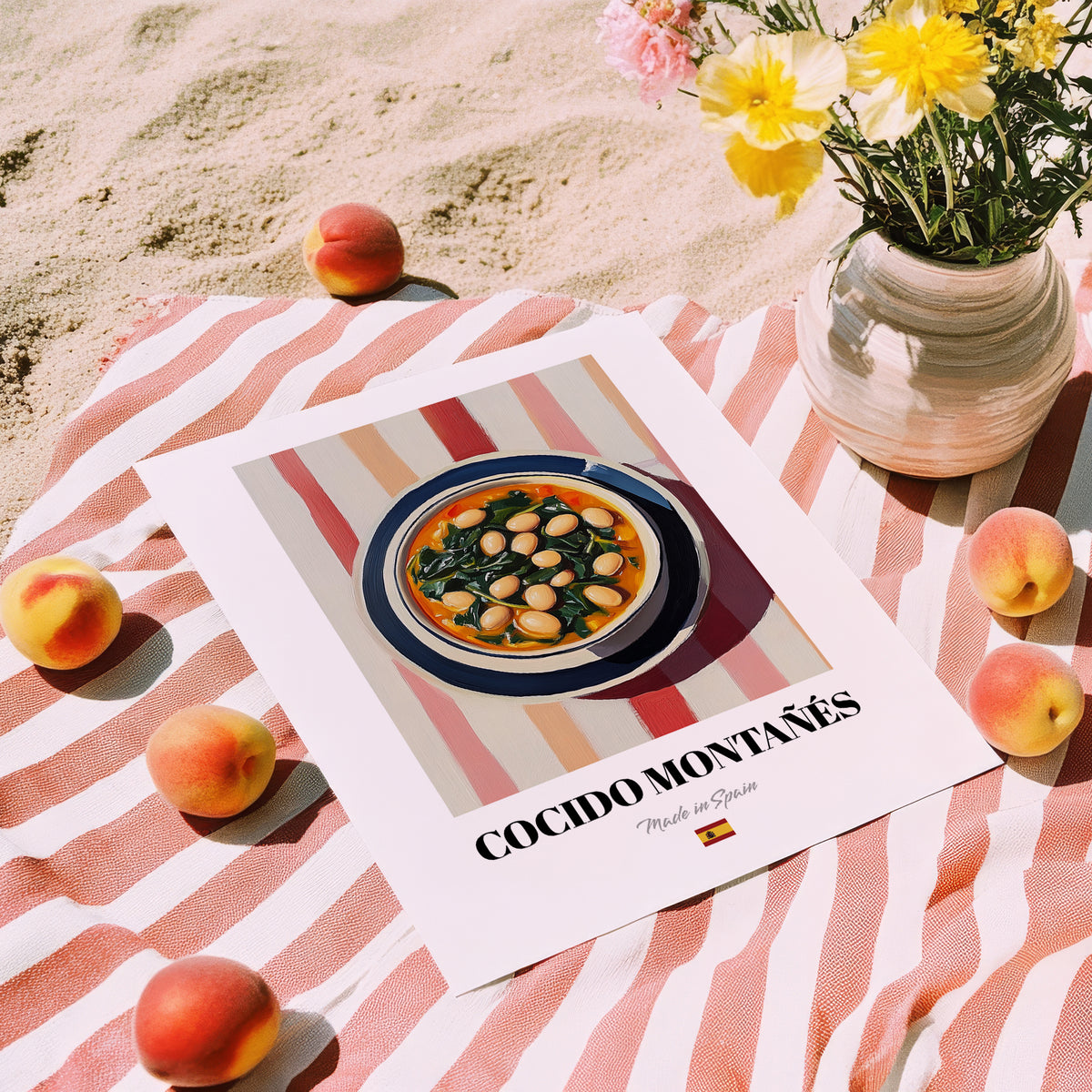 Cocido Montañés – on Striped Tablecloth, Spanish Food Painting, unframed on coastal sand