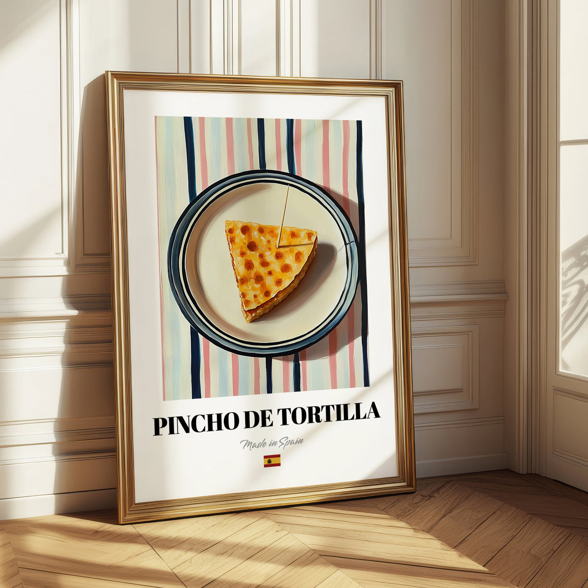 Pincho de Tortilla – on Striped Tablecloth, Spanish Food Painting