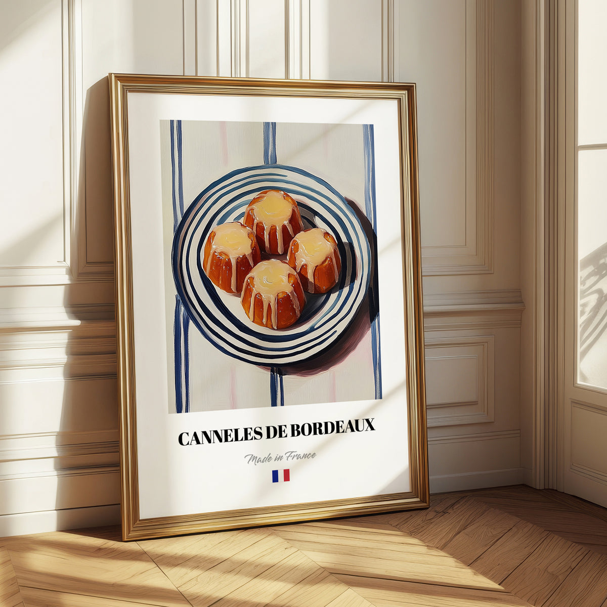 Canelés de Bordeaux – on Striped Tablecloth, French French Pastry Still Life 