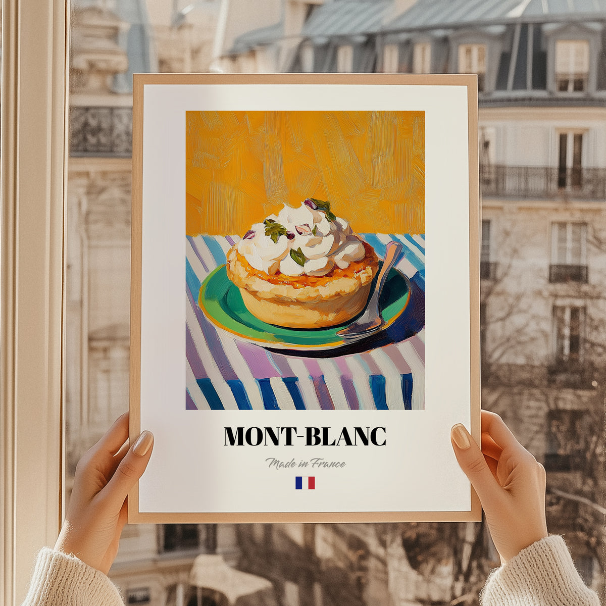 Mont-Blanc – Colorful Oil Painting, French French Dessert Poster, styled in a charming Paris street view