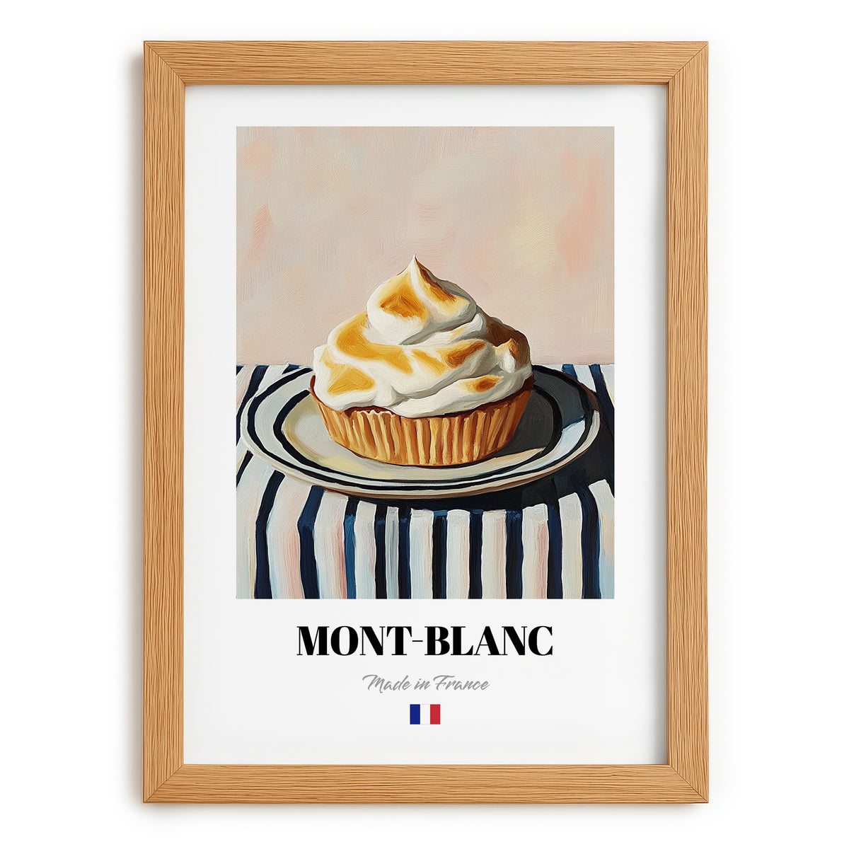 Mont-Blanc – on Striped Tablecloth, French French Dessert Still Life, set in oak frame