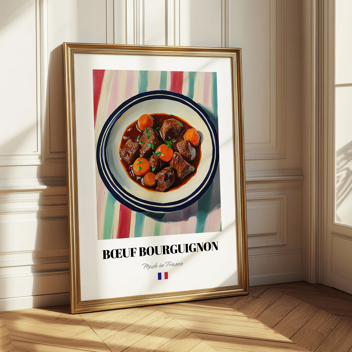 Bœuf Bourguignon – on Striped Tablecloth, French Food Wall Decor
