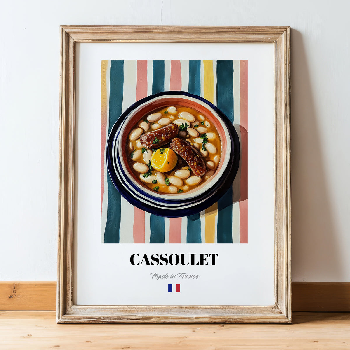 Cassoulet – on Striped Tablecloth, French Food Painting, in wooden frame leaning on the floor
