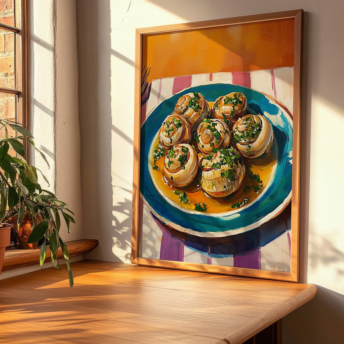 Escargots de Bourgogne – Colorful Oil Painting, French Food Painting, clean layout with no caption