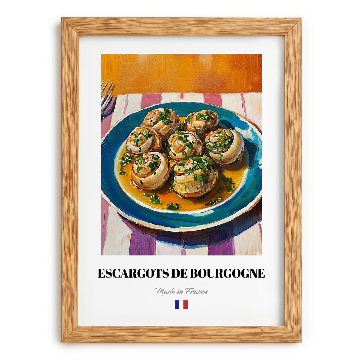 Escargots de Bourgogne – Colorful Oil Painting, French Food Painting, set in oak frame
