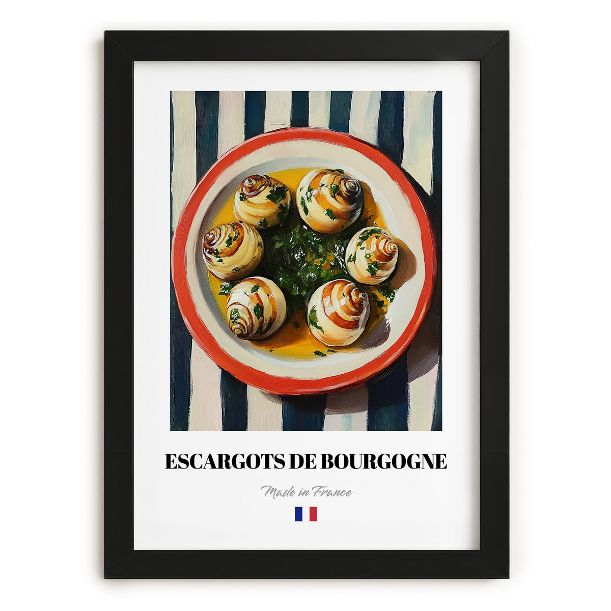 Escargots de Bourgogne – on Striped Tablecloth, French Food Wall Decor, in sleek black frame