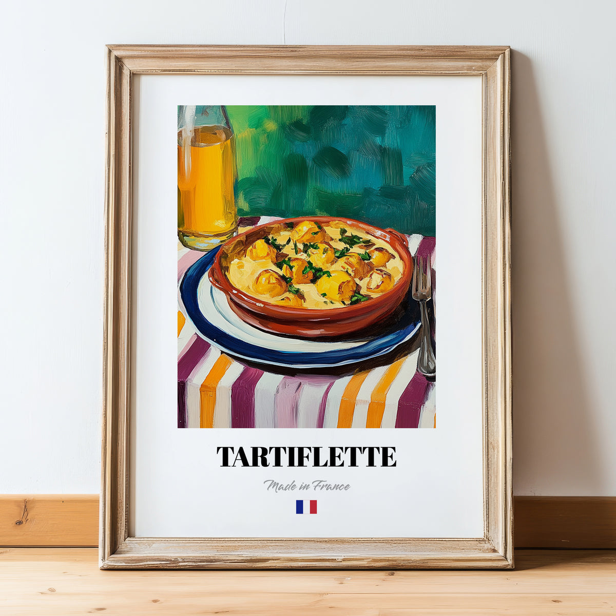 Tartiflette – Art, French Food Still Life, in wooden frame leaning on the floor
