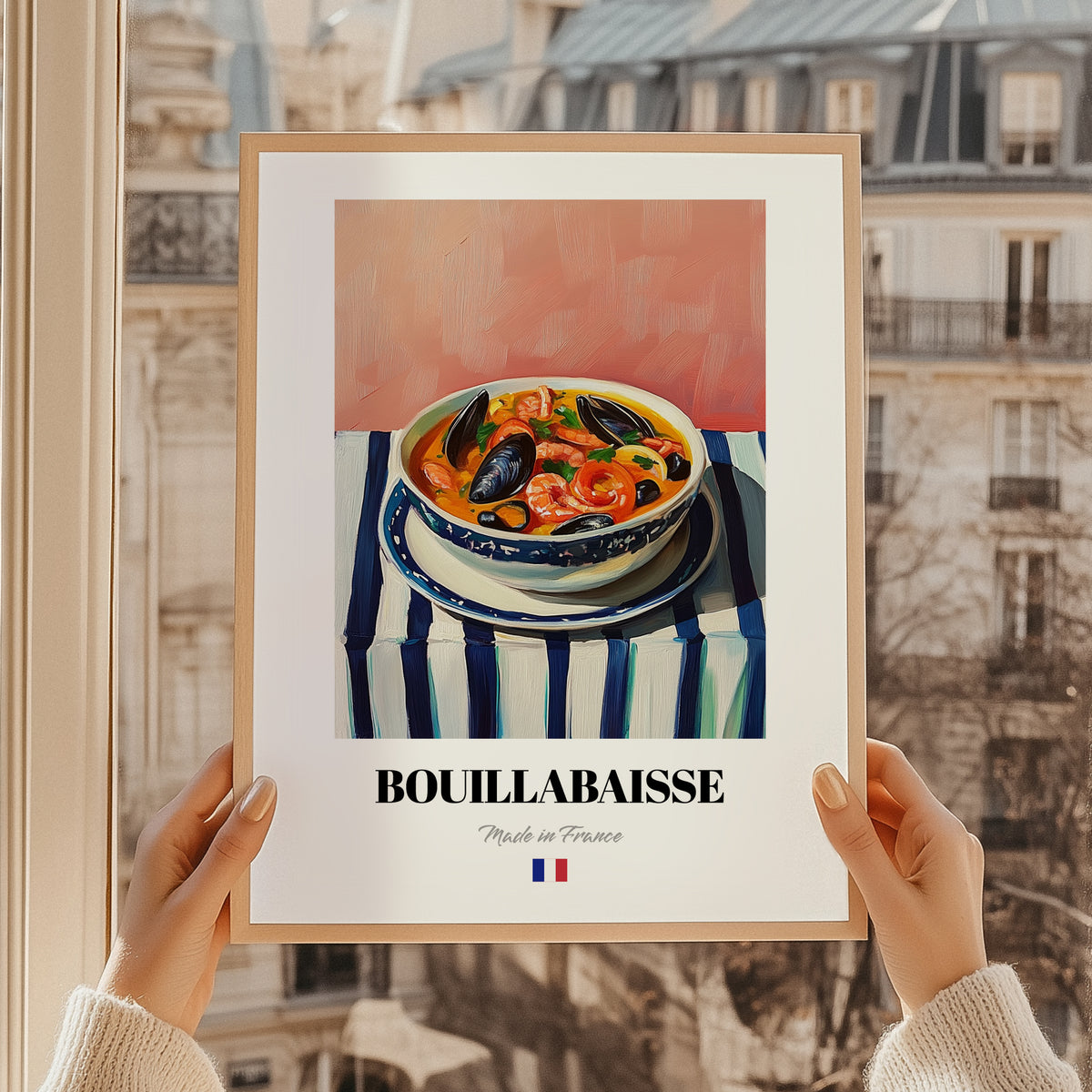 Bouillabaisse – on Striped Tablecloth, French Food Wall Art, styled in a charming Paris street view