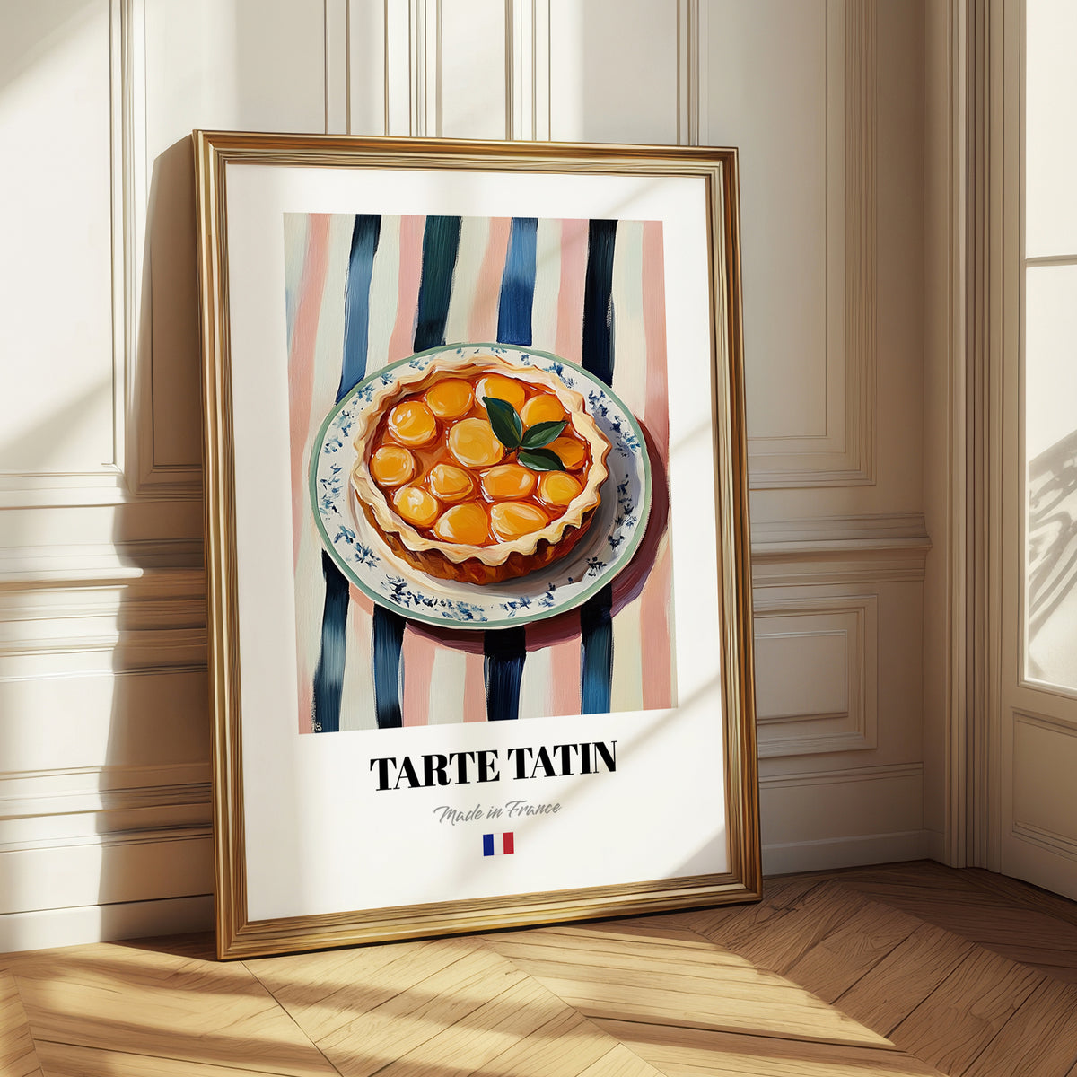Tarte Tatin – on Striped Tablecloth, French French Dessert Poster 