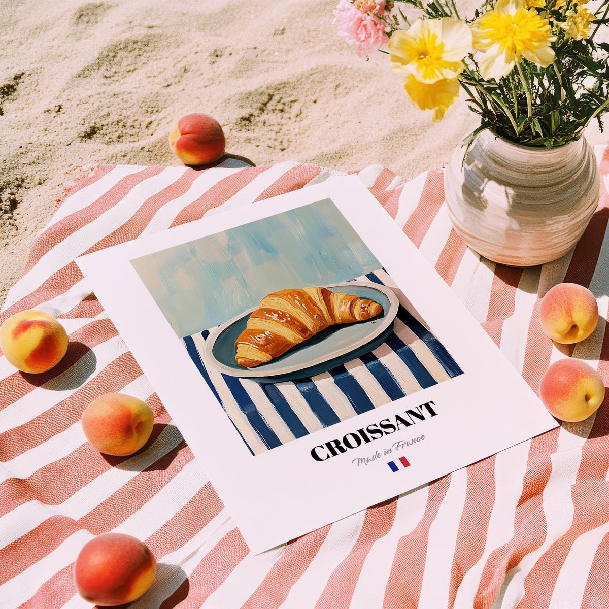 Croissant – Art, French French Pastry Still Life, unframed on coastal sand