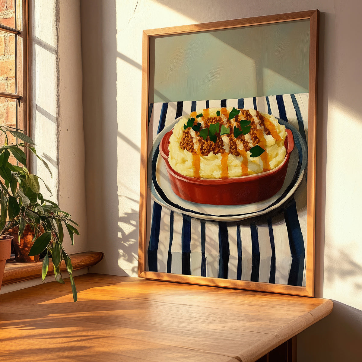 Hachis Parmentier – on Striped Tablecloth, French Food Illustration, clean layout with no caption