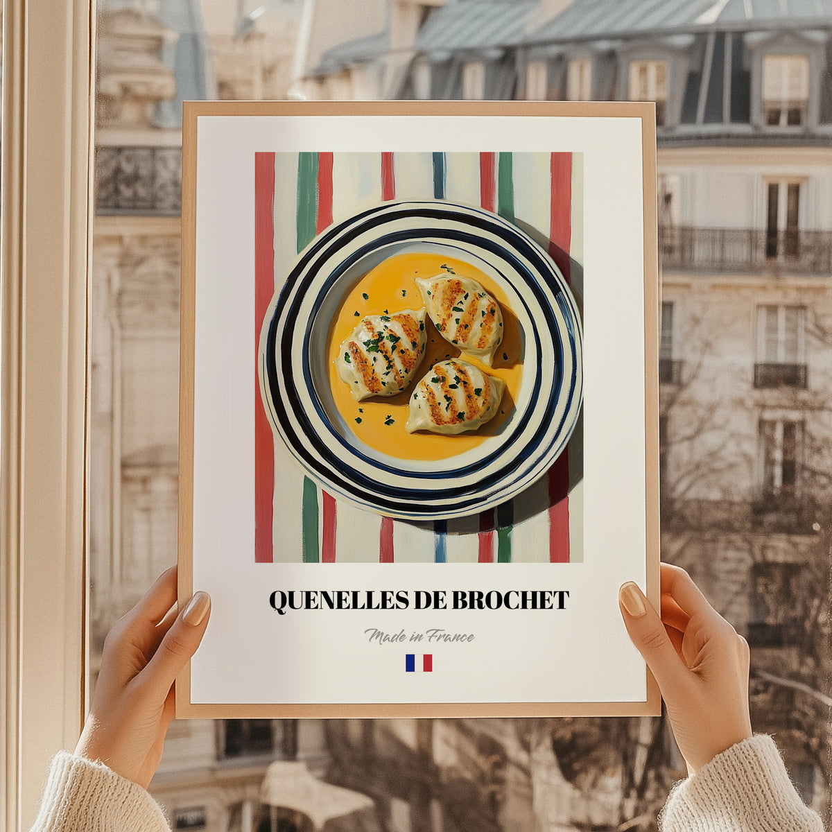 Quenelles de Brochet – on Striped Tablecloth, French Food Painting, styled in a charming Paris street view