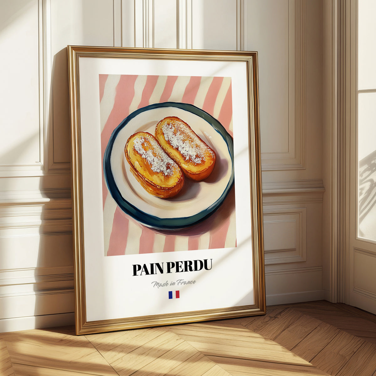 Pain Perdu – on Striped Tablecloth, French French Dessert Still Life 