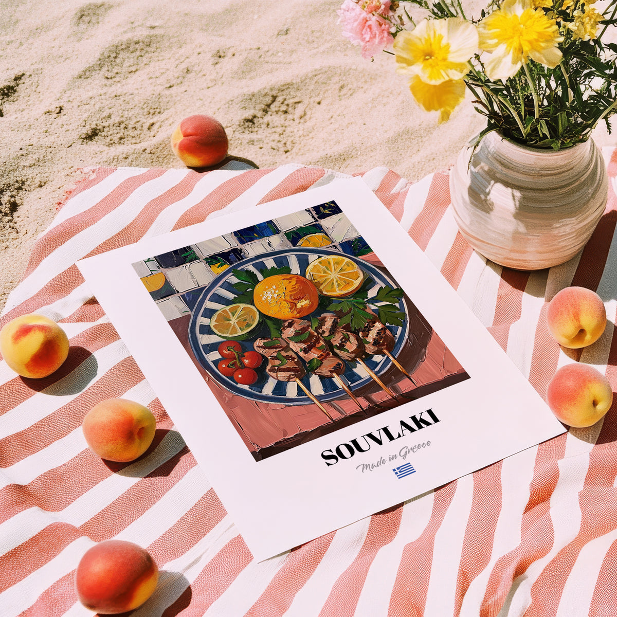 Souvlaki – Oil Painting, Greek Food Wall Decor, unframed on coastal sand