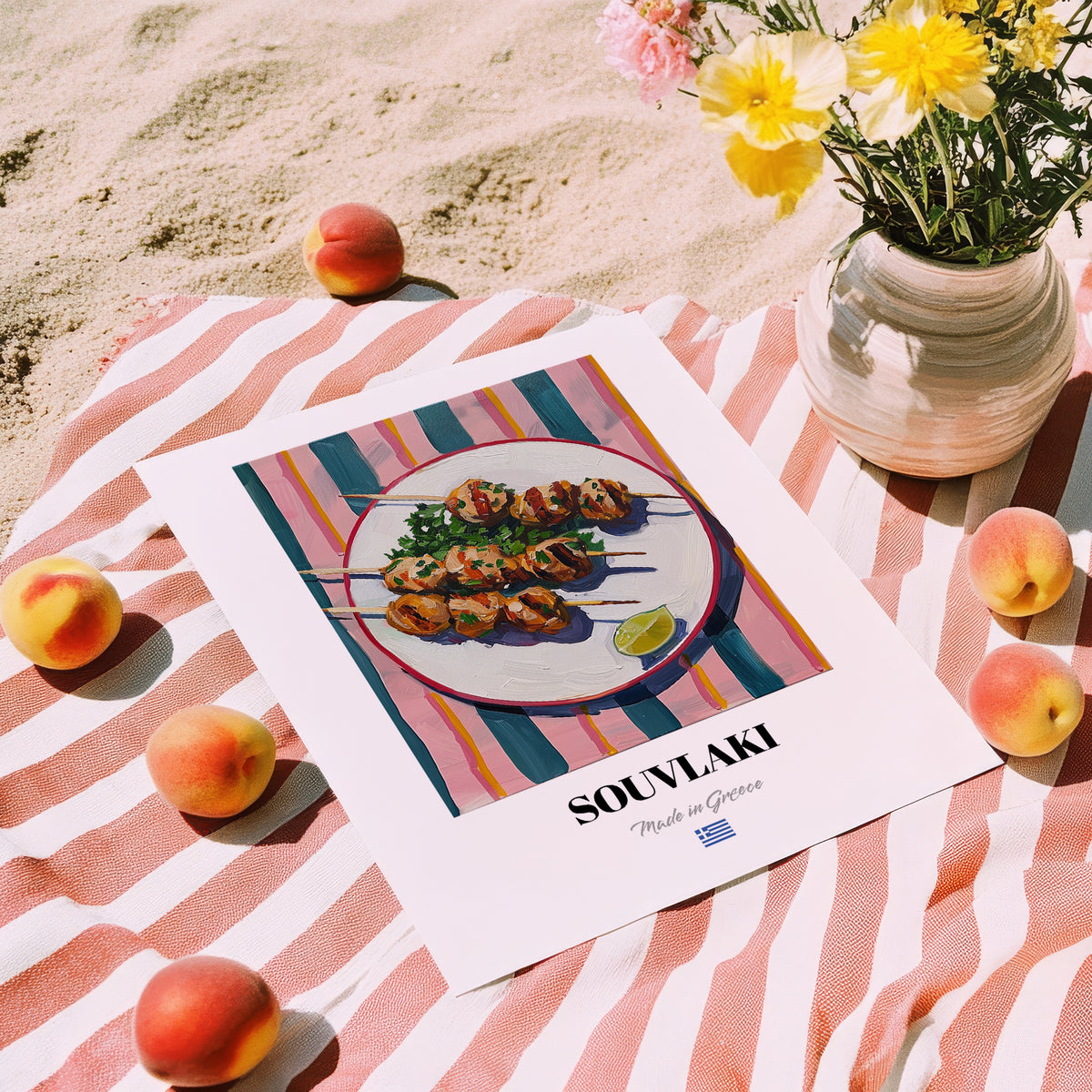 Souvlaki – on Striped Tablecloth, Greek Food Wall Decor, unframed on coastal sand