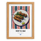 Souvlaki – on Striped Tablecloth, Greek Food Wall Decor, set in oak frame