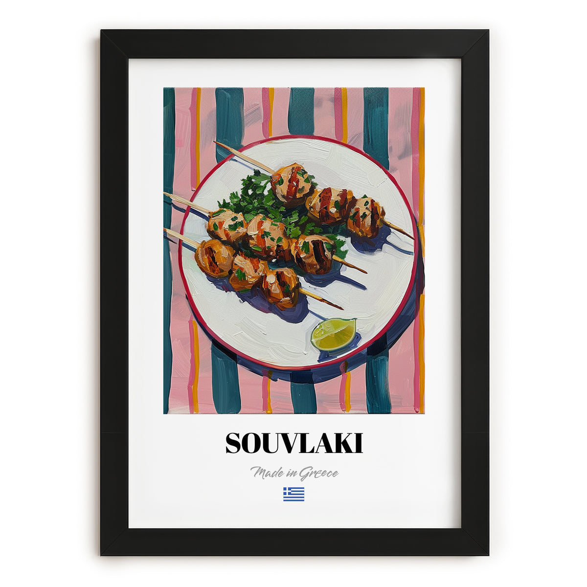 Souvlaki – on Striped Tablecloth, Greek Food Wall Decor, in sleek black frame