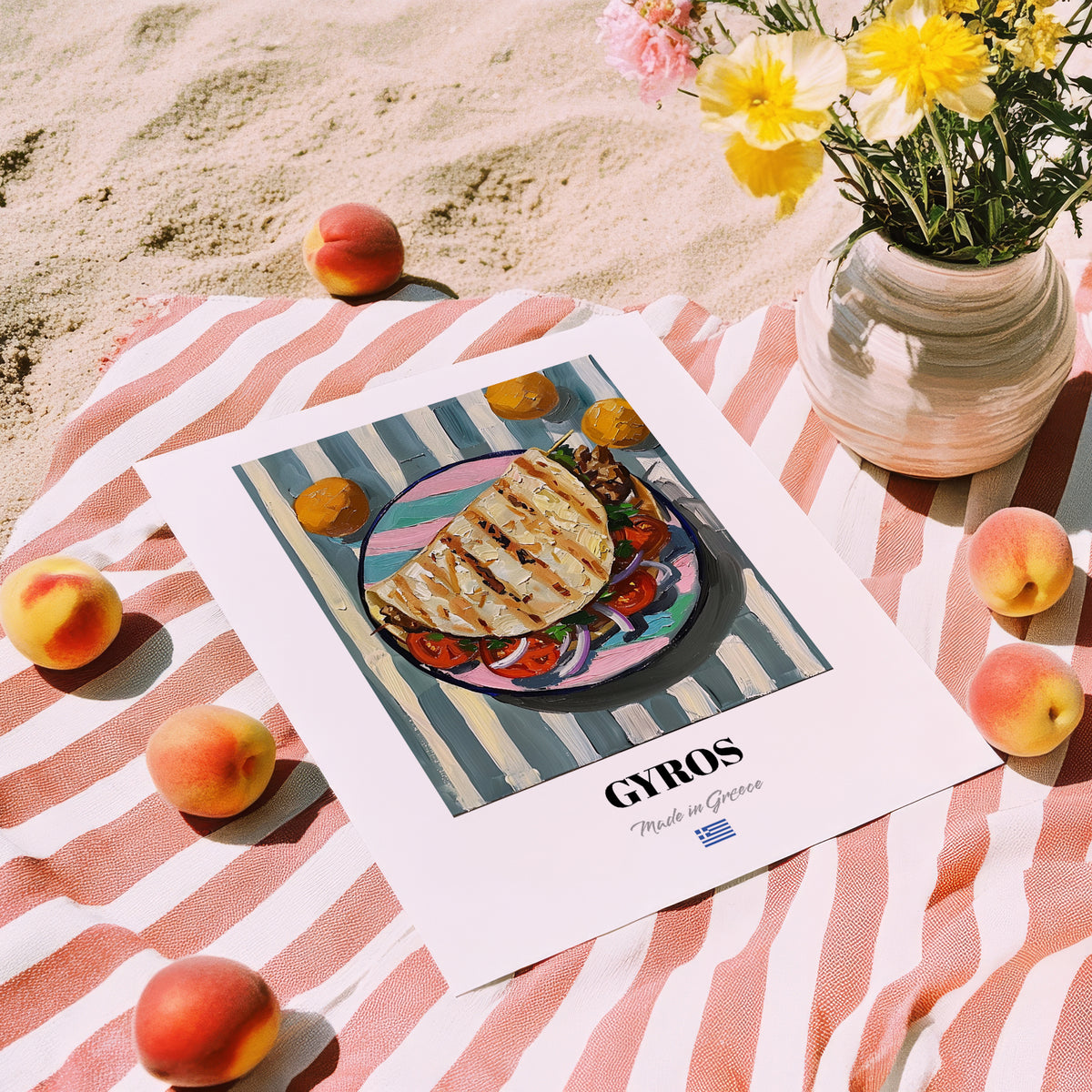 Gyros – Oil Painting, Greek Food Still Life, unframed on coastal sand