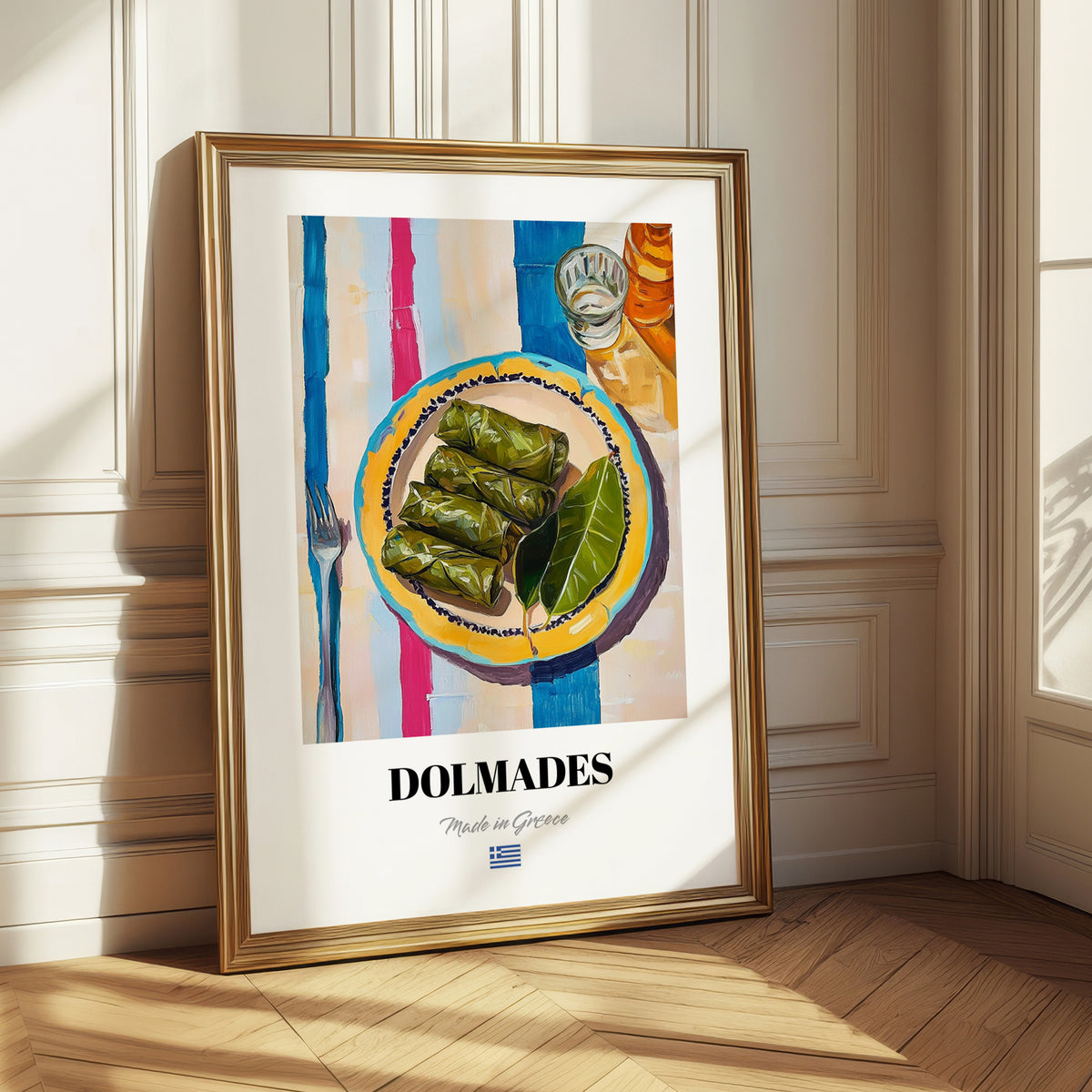 Dolmades – on Striped Tablecloth, Greek Food Illustration