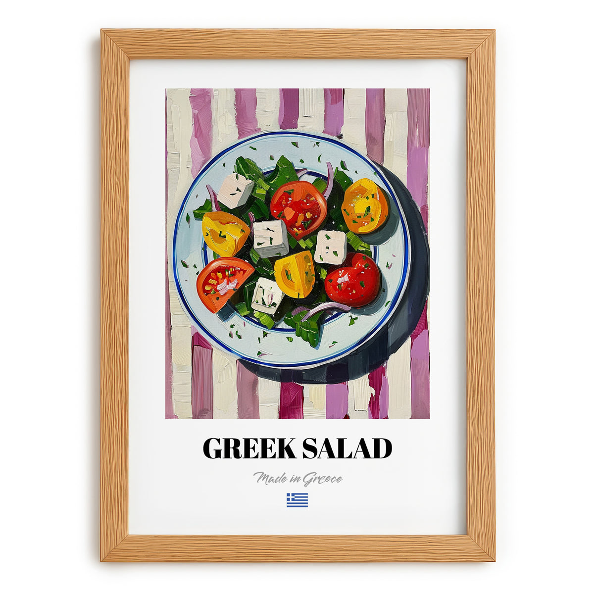 Greek Salad – on Striped Tablecloth, Greek Food Wall Decor, set in oak frame