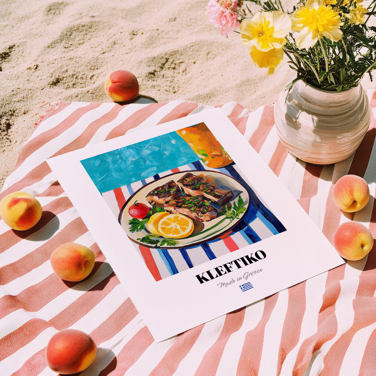 Kleftiko – Colorful Oil Painting, Greek Food Painting, unframed on coastal sand