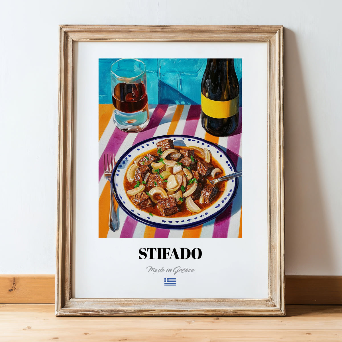 Stifado – Art, Greek Food Painting, in wooden frame leaning on the floor