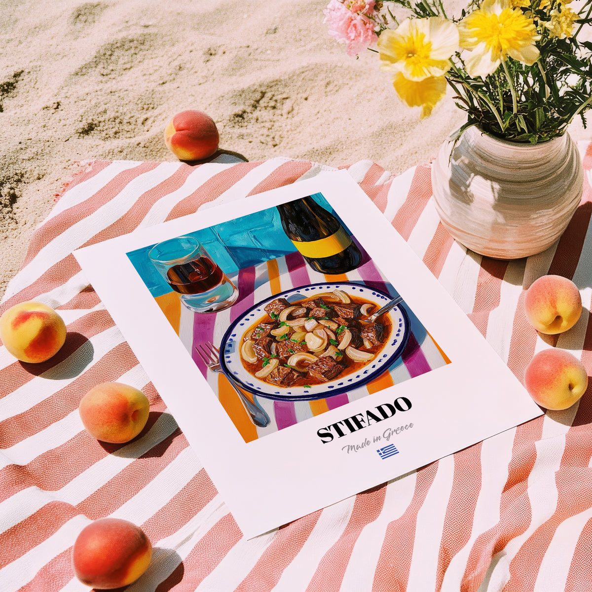 Stifado – Art, Greek Food Painting, unframed on coastal sand