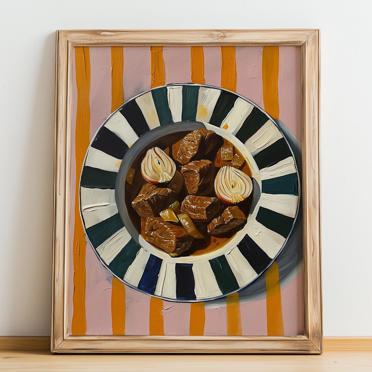 Stifado – on Striped Tablecloth, Greek Food Illustration, no-text version framed in wood