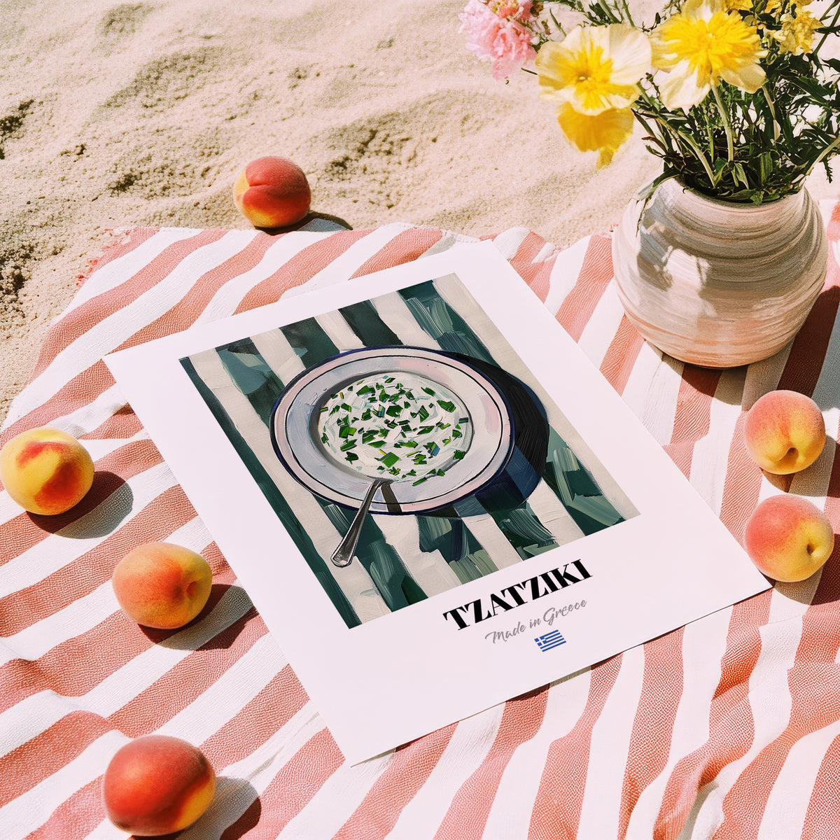 Tzatziki – on Striped Tablecloth, Greek Food Wall Illustration, unframed on coastal sand