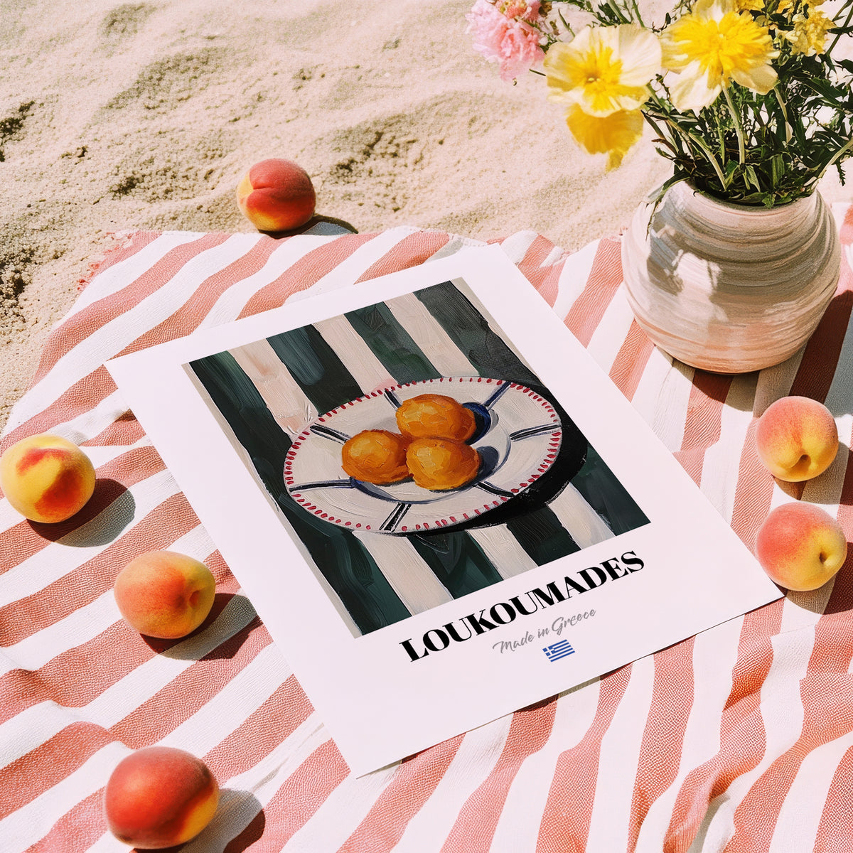 Loukoumades – on Striped Tablecloth, Greek Dessert Poster, unframed on coastal sand
