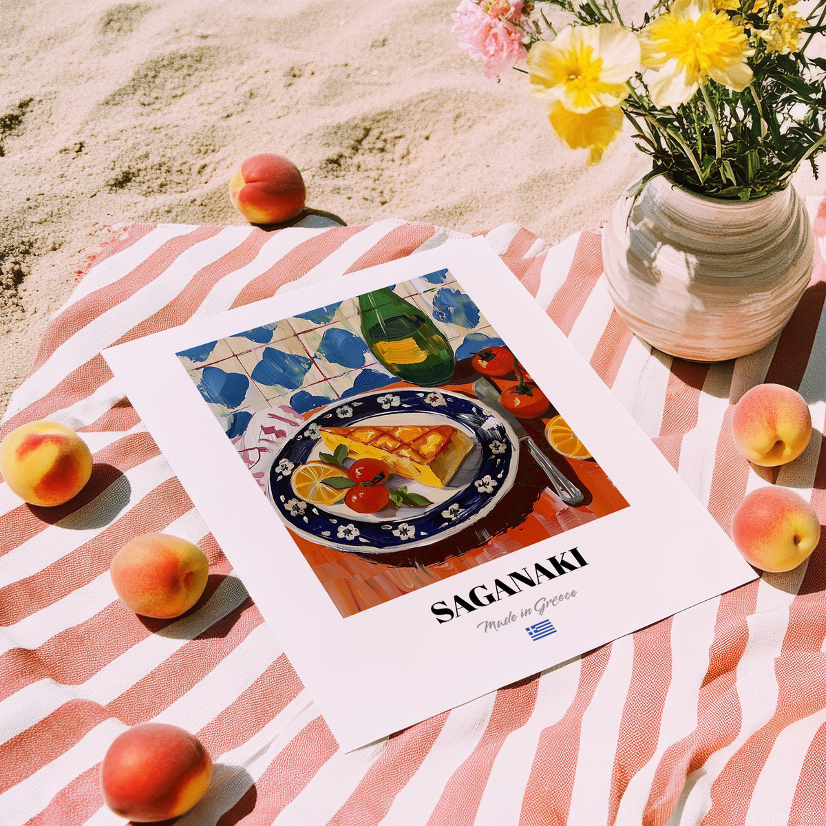 Saganaki – Oil Painting, Greek Cheese Wall Decor, unframed on coastal sand