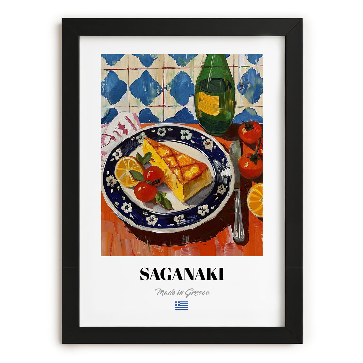 Saganaki – Oil Painting, Greek Cheese Wall Decor, in sleek black frame