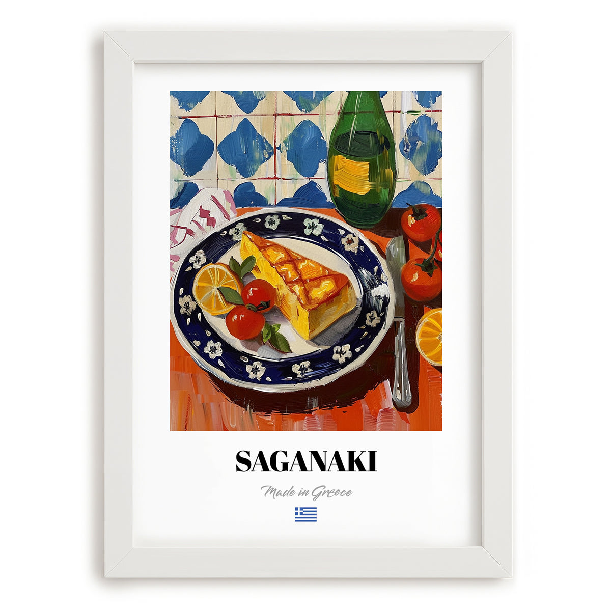 Saganaki – Oil Painting, Greek Cheese Wall Decor, placed in minimal white frame