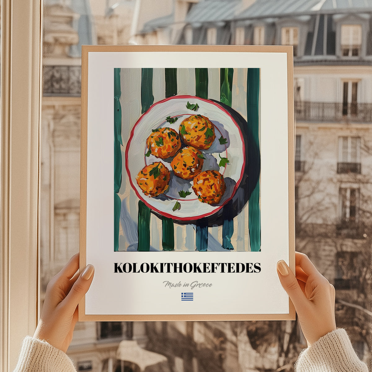 Kolokithokeftedes – on Striped Tablecloth, Greek Food Illustration, styled in a charming Paris street view