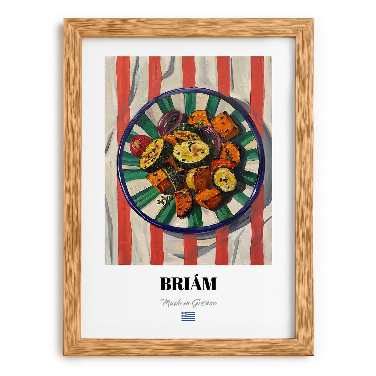 Briám – on Striped Tablecloth, Greek Food Wall Illustration, set in oak frame